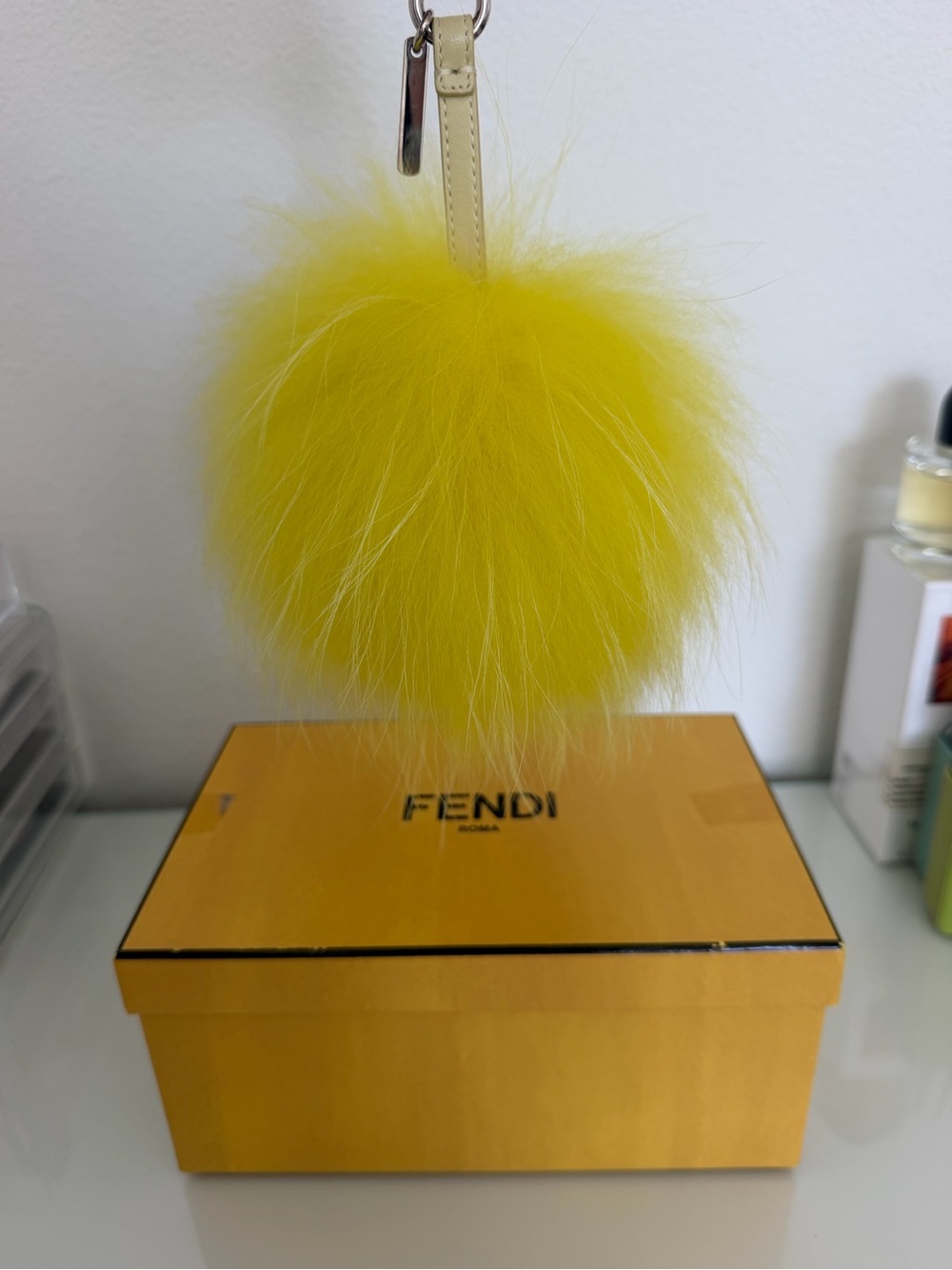 Fendi Bright Yellow Fur Pom-Pom Charm with Leather Strap